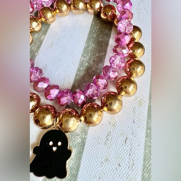New Halloween Beaded Pink & Gold Tone Adult Size Bracelets w/ Ghost Charm - 8” - Picture 5 of 7